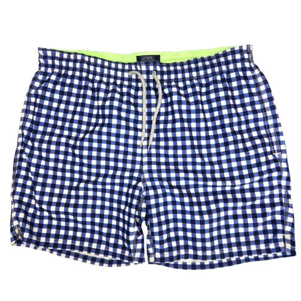 Michael's Swimwear Mens Drawstring Waistline 3 Pocket Gingham Swim Trunks Large